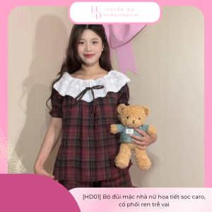 [HD01] Bộ đồ đũi nữ mặc ở nhà trễ vai phối ren, họa tiết sọc caro