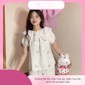 [HD02] Bộ đồ ngủ mặc nhà tay ngắn họa tiết gấu xinh xắn phối trễ vai bánh bèo