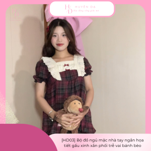 [HD03] Bộ đũi mặc nhà tay ngắn họa tiết phối trễ vai bánh bèo