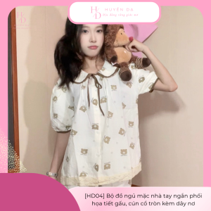 [HD04] Bộ đồ ngủ mặc nhà tay ngắn phối họa tiết gấu, cún cổ tròn kèm dây nơ