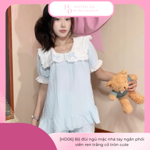 [HD06] Bộ đũi ngủ mặc nhà tay ngắn phối viền ren trắng cổ tròn cute