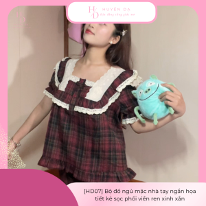 [HD07] Bộ đồ ngủ mặc nhà tay ngắn họa tiết kẻ sọc phối viền ren xinh