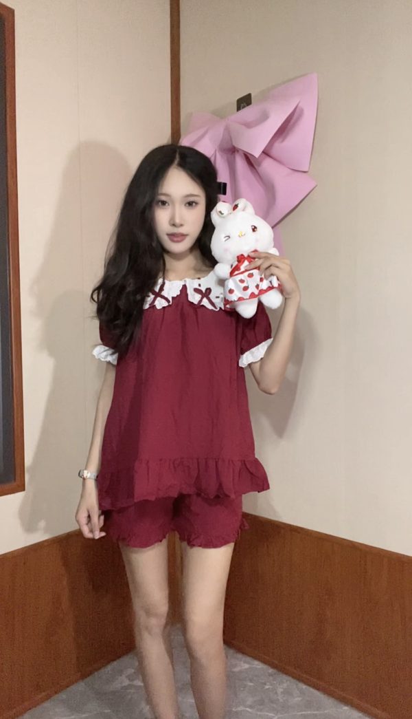 [HD06] Bộ đũi ngủ mặc nhà tay ngắn phối viền ren trắng cổ tròn cute
