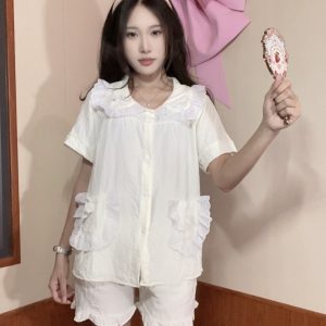 [HD08] Bộ đồ ngủ mặc nhà tay ngắn phối 2 túi viền ren trắng xinh xắn