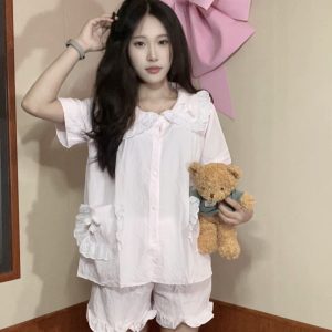 [HD08] Bộ đồ ngủ mặc nhà tay ngắn phối 2 túi viền ren trắng xinh xắn