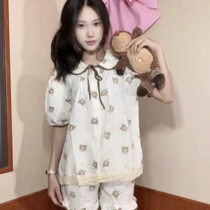 [HD04] Bộ đồ ngủ mặc nhà tay ngắn phối họa tiết gấu, cún cổ tròn kèm dây nơ