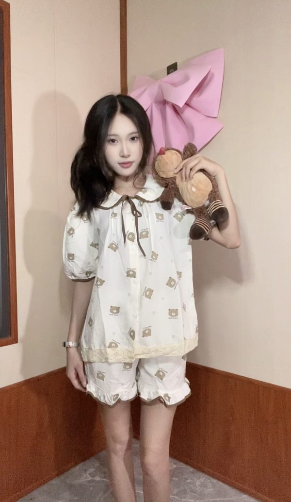 [HD04] Bộ đồ ngủ mặc nhà tay ngắn phối họa tiết gấu, cún cổ tròn kèm dây nơ