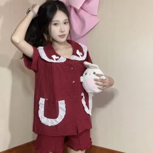 [HD08] Bộ đồ ngủ mặc nhà tay ngắn phối 2 túi viền ren trắng xinh xắn