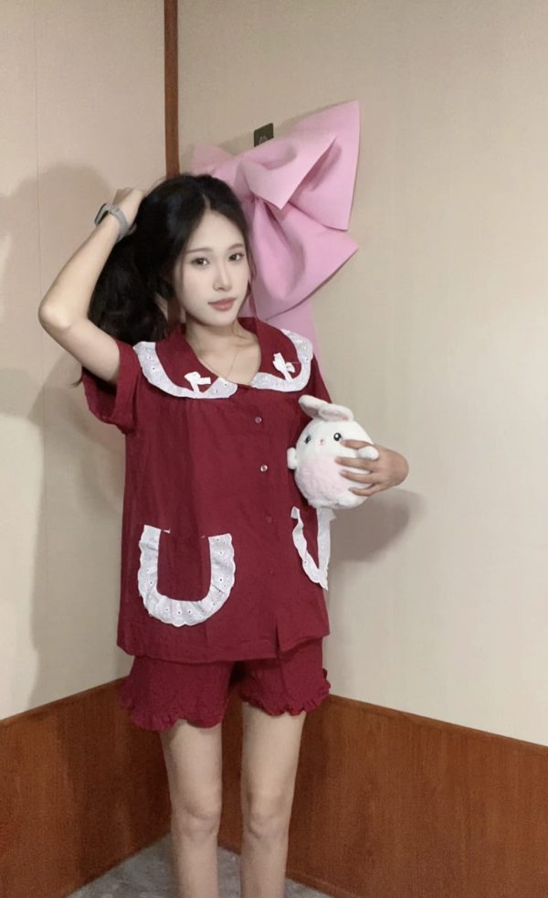 [HD08] Bộ đồ ngủ mặc nhà tay ngắn phối 2 túi viền ren trắng xinh xắn